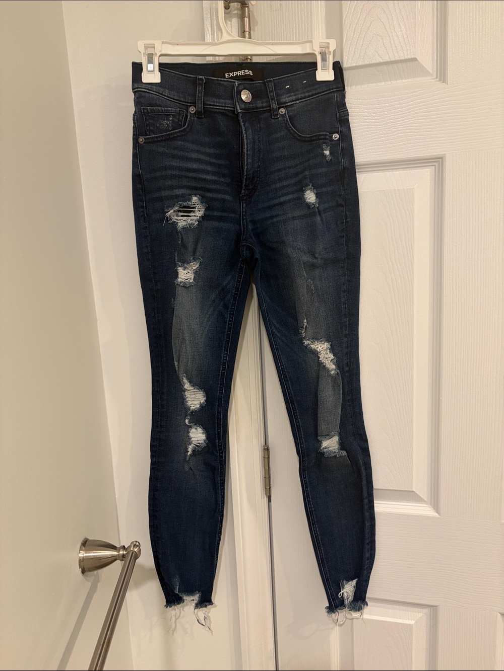 Express High-Rise Distressed Dark Blue Skinny Jeans